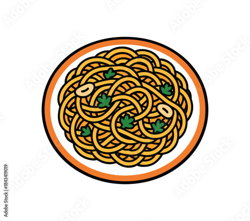 Flat vector illustration of bright plate of spaghetti aglio olio with vivid parsley flakes rounded shapes clean outline clean white background