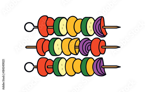 Flat vector illustration of bright grilled veggie skewers with vivid peppers zucchini and onion rounded shapes clean outline clean white background