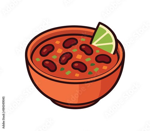Flat vector illustration of colorful bowl of chili soup with bold beans and lime wedge rounded shapes clean outline clean white background