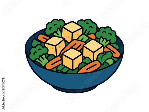 Flat vector illustration of colorful tofu stirfry bowl with bold broccoli and carrots rounded shapes clean outline clean white background