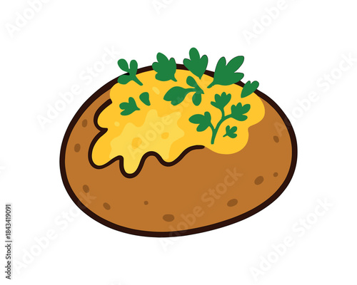 Flat vector illustration of bright baked potato with vivid toppings (cheese herbs) rounded shapes clean outline clean white background