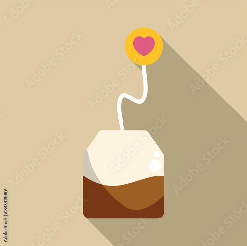 Tea bag steeping brown liquid with a heart icon on string tag
