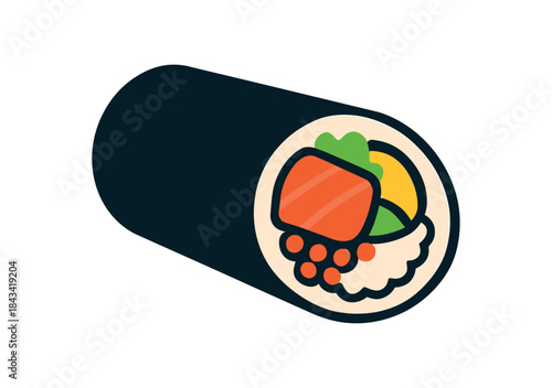 Flat vector illustration of colorful sushi burrito with bold seaweed wrap and fillings rounded shapes clean outline clean white background