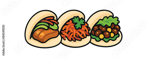 Flat vector illustration of bright street food bao buns trio with vivid fillings rounded shapes clean outline clean white background