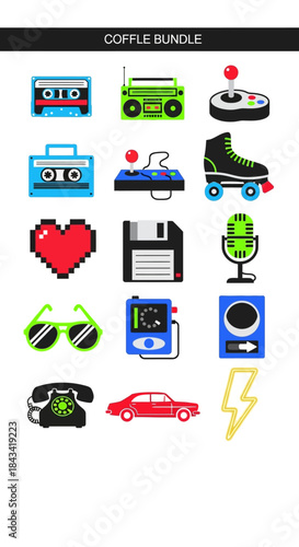 Retro 80s and 90s Nostalgia Icons Bundle - Cassette, Boombox, Joystick, Roller Skate, Floppy Disk, Microphone, Sunglasses, Game Console, Speaker, Phone, Car, Li