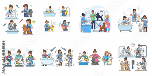 Professional Poodle Grooming Set: Illustrations of dog groomers bathing, clipping, and styling poodles in a pet salon environment.