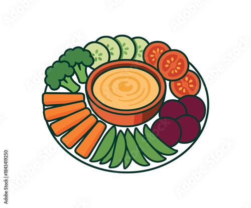 Flat vector illustration of colorful veggie platter with bold hummus bowl center rounded shapes clean outline clean white background