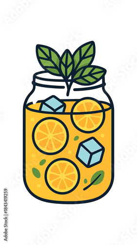 Flat vector illustration of bright homemade lemonade jar with vivid mint leaves and ice cubes rounded shapes clean outline clean white background