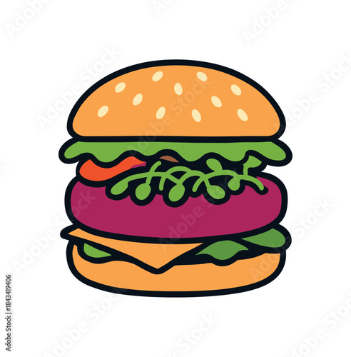 Flat vector illustration of colorful veggie with bold beet patty and sprouts rounded shapes clean outline clean white background