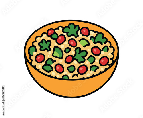 Flat vector illustration of bright bowl of quinoa salad with vivid pomegranate seeds rounded shapes clean outline clean white background