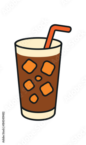 Flat vector illustration of colorful iced coffee tall glass with bold reusable straw rounded shapes clean outline clean white background