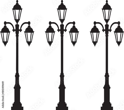 Three Black Street Lamps with Multiple Lights silhouette