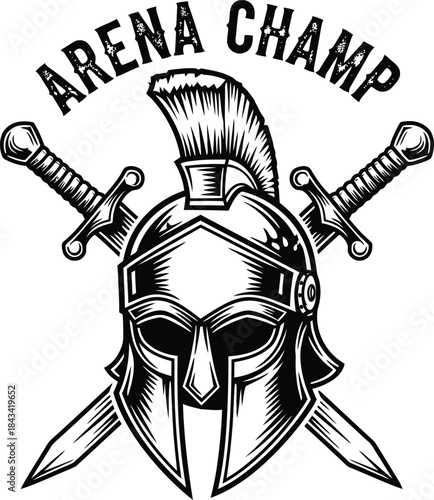 Arena champ typography with spartan helmet for gym logo, ancient warrior fitness badge, strong gladiator emblem and isolated on transparent sport graphic illustration