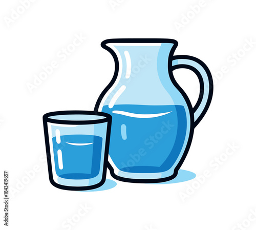 Flat vector illustration of bright bedside water glass and carafe with vivid reflections rounded shapes clean outline clean white background