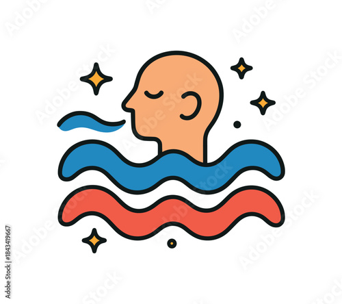 Flat vector illustration of colorful breathing exercise visual with bold inhale/exhale waves and calm stars rounded shapes clean outline clean white background