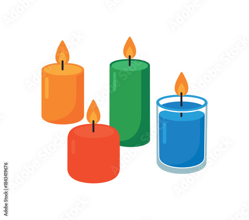 Flat vector illustration of bright scented candle collection with vivid wax colors and soft glow marks rounded shapes clean outline clean white background