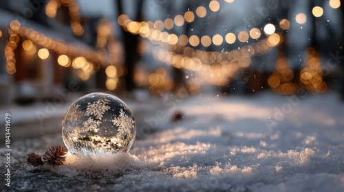 Christmas tree in Glass snow globe on red background, Christmas decorative design with white snowdrift,snowflakes,glow garland,3d decorative garland glow.Xmas Decorations,Vector illustration.