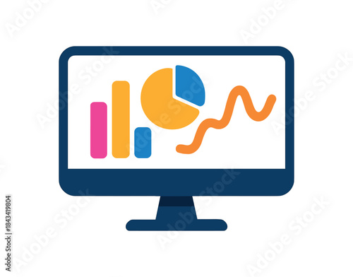 Flat vector illustration of bright monitor on stand with vivid abstract charts as shapes only rounded shapes clean outline clean white background
