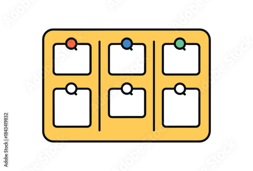 Flat vector illustration of bright task board on with blank cards and bold pins rounded shapes clean outline clean white background