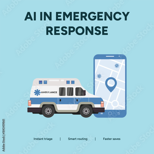 Ai in emergency response instant triage, smart routing, and faster access with ambulance and phone on blue background