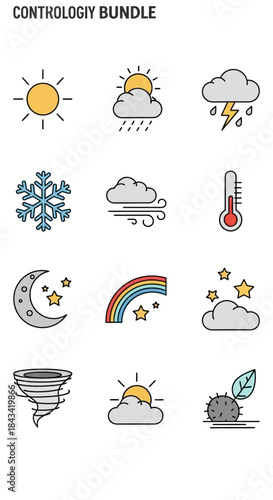 Weather Icon Set - Sun, Cloud, Rain, Snow, Wind, Thermometer, Moon, Rainbow, Tornado.