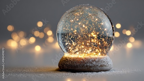 Christmas tree in Glass snow globe on red background, Christmas decorative design with white snowdrift,snowflakes,glow garland,3d decorative garland glow.Xmas Decorations,Vector illustration.