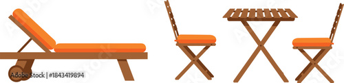 Outdoor Furniture Vector Set, Sun Lounger, Folding Chairs and Table Illustration