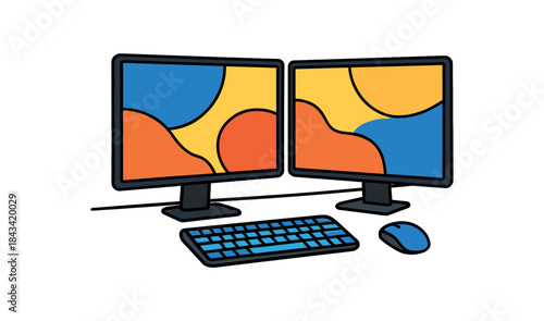 Fototapeta Naklejka Na Ścianę i Meble -  Flat vector illustration of colorful dualmonitor setup with bold abstract wallpaper shapes rounded shapes clean outline clean white background