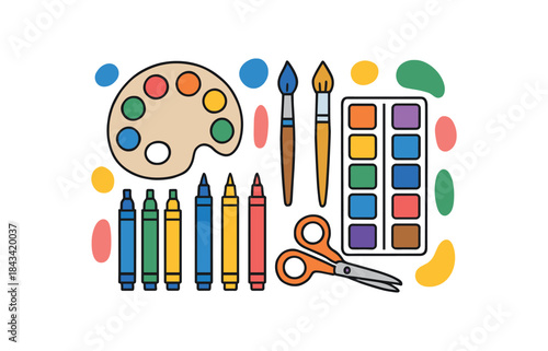 Flat vector illustration of colorful art supplies flat lay: palette brushes markers scissors rounded shapes clean outline clean white background