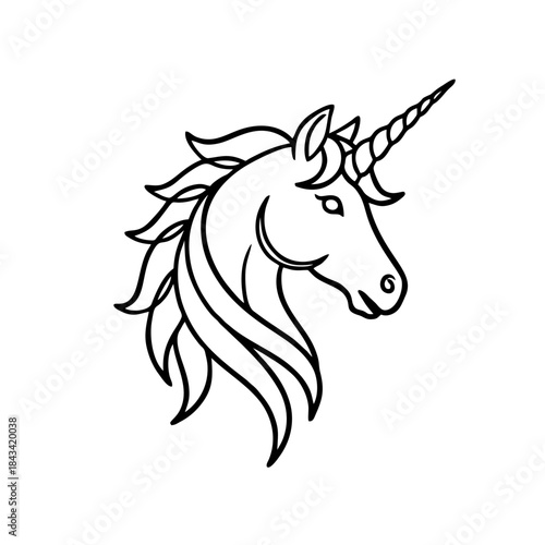 Monoline Unicorn Head Logo, Single Continuous Stroke, Smooth Curves, Balanced Proportions, Vector Illustration