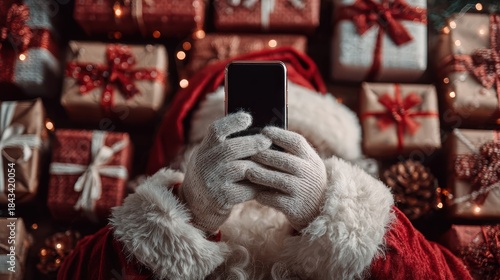 Santa hand holding mobile phone with empty screen in christmas day,holiday shopping online,light background,smartphone,banner sale gifts,Blank white screen,Mockup.