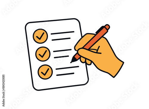 Flat vector illustration of bright hand writing todo list with bold checkmark icons (no words) on paper rounded shapes clean outline clean white background