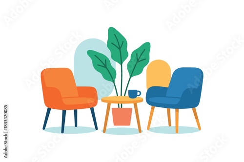 Flat vector illustration of colorful calm meeting corner: two chairs small table vivid plant rounded shapes clean outline clean white background