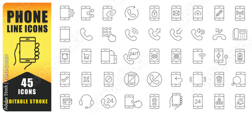 Phone Line Icon Set Showcasing Communication, Connectivity, And Mobile Functionality. This Versatile Set Is Designed For Apps, UI Projects And Digital Interfaces With 45 Editable Stroke Vector Icons. 