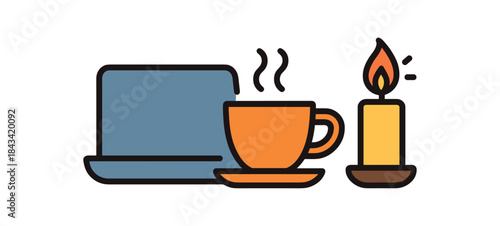 Flat vector illustration of bright of workday ritual: laptop closed tea cup and candle icon rounded shapes clean outline clean white background