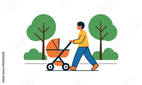 Flat vector illustration of bright pushchair parent walking along treelined street rounded shapes clean outline clean white background