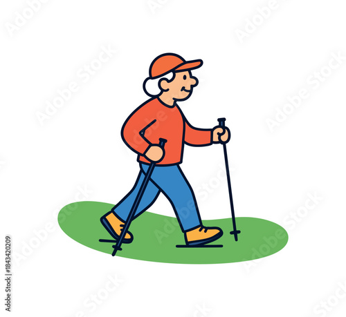 Flat vector illustration of colorful senior person walking with trekking poles on green path rounded shapes clean outline clean white background