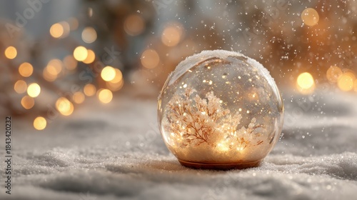 Christmas tree in Glass snow globe on red background, Christmas decorative design with white snowdrift,snowflakes,glow garland,3d decorative garland glow.Xmas Decorations,Vector illustration.