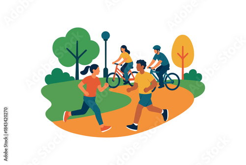 Flat vector illustration of colorful park walkway with people jogging and cycling together rounded shapes clean outline clean white background