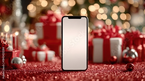 Santa hand holding mobile phone with empty screen in christmas day,holiday shopping online,light background,smartphone,banner sale gifts,Blank white screen,Mockup.