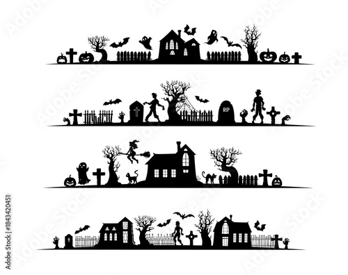 Halloween dividers, separators and border frames with haunted houses, trees and gravestones, vector silhouettes. Halloween dividers with witch on broom, bat, black cat and ghost, pumpkins and zombies