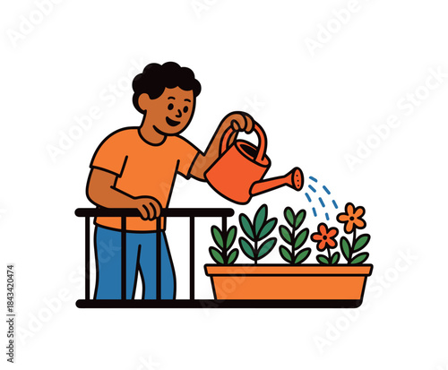 Flat vector illustration of bright person watering balcony beds with vivid metal watering can rounded shapes clean outline clean white background