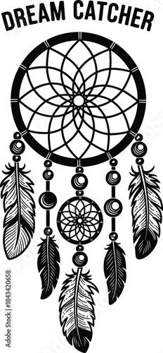 Dream catcher illustration with hanging feathers for boho logo, native american amulet badge, spiritual culture emblem and isolated on transparent tribal graphic sketch