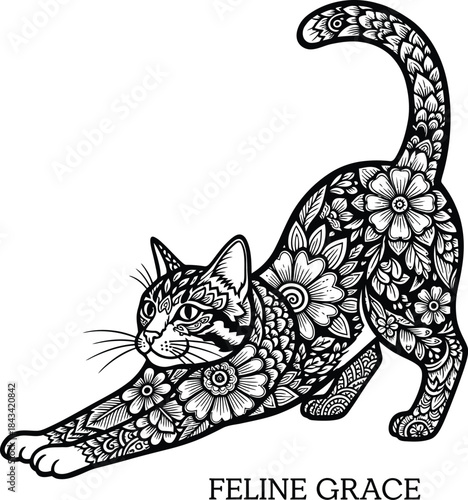 Feline grace typography with stretching cat for pet logo, cute animal yoga badge, domestic kitty emblem and isolated on transparent mammal graphic illustration