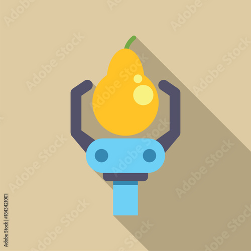 Robotic gripper arm holding a pear, symbolizing automation in agriculture