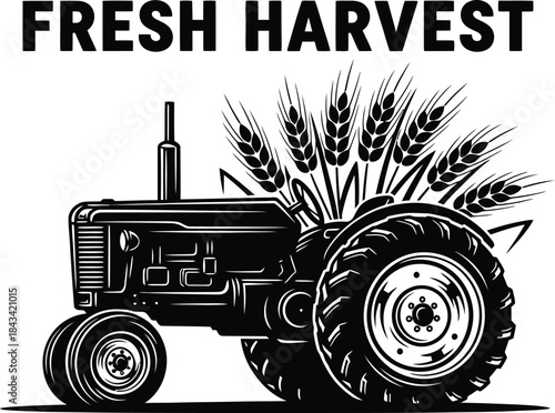 Fresh harvest typography with farm tractor for agriculture logo design, organic food badge, countryside nature emblem and isolated on transparent cultivation graphic illustration