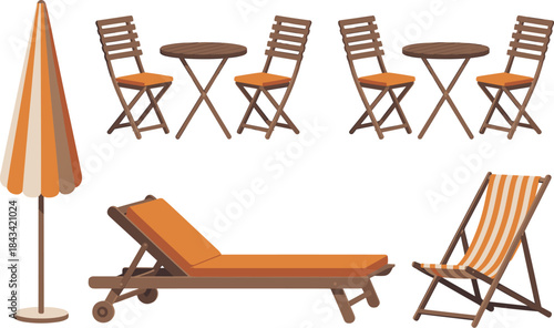 Outdoor Furniture Set Vector Illustration, Beach Chair, Sun Lounger and Cafe Table