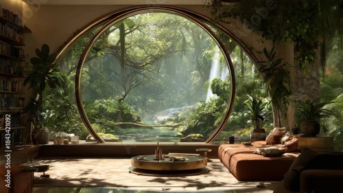 Relaxing indoor space with a stunning view of a rainforest waterfall captures a harmonious blend of nature and comfort