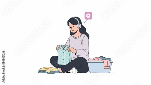 A woman wearing headphones sits cross-legged on the floor, folding a shirt with a thoughtful expression, surrounded by clothes and a laundry basket, in a simple illustration with a clean