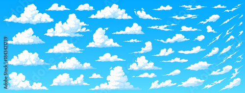Cartoon anime manga sky white clouds set on summer sunny day blue heaven vector background. Fluffy white cumulus, shiny clouds and curved stratus smoke. Anime cloudy sky, manga comic cloudscape